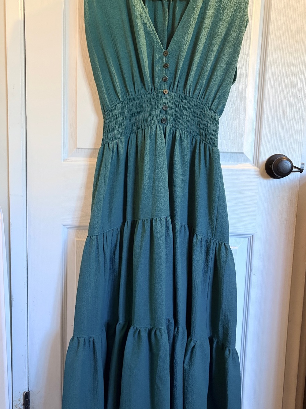 Calvin Klein Teal V-Neck Tiered Maxi Dress with Smocked Waist